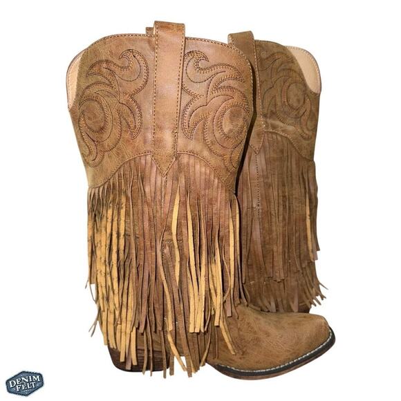 ROPER Womens Brown/Tan Rickrack Snip Toe Mid Calf Fringe Western Cowboy Boots - Picture 13 of 16